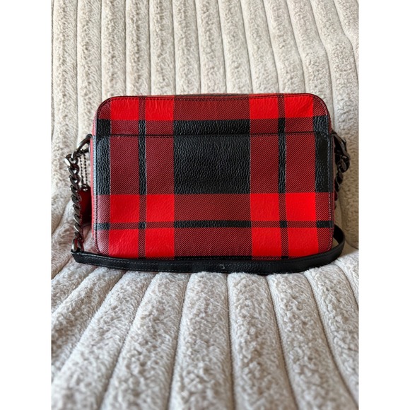 Coach Buffalo Plaid Red Black Leather Crossbody Camera Bag Gunmetal Hardware - Picture 2 of 13